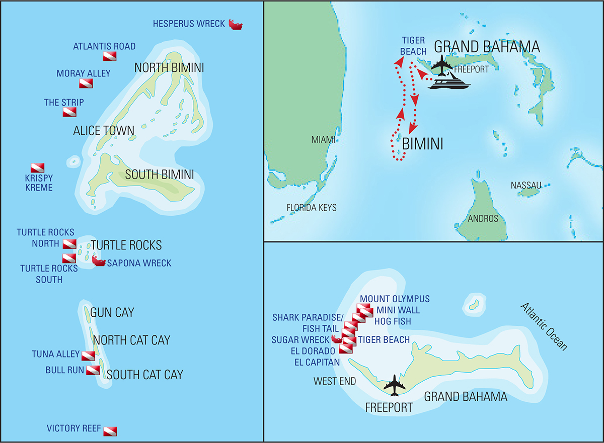 Bahamas Tiger- och hammarhaj safari, Map by Aggressor Liveaboard & Adventures